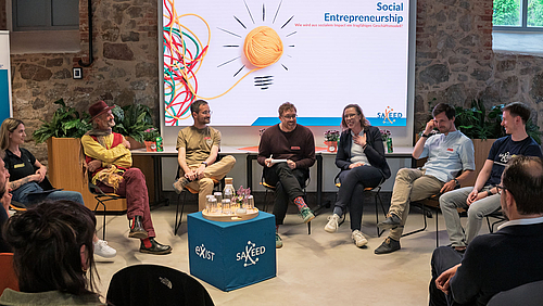Erfahrungen austauschen und weitergeben: Podium mit Gründungskompetenz beim Gründungsforum Mittweida. Sieben Personen auf Stühlen vor einem großen Screen, auf dem „Social Entrepreneurship. Wir wird aus sozialem Impact ein tragfähiges Geschäftsmodell“ zu lesen ist. Im Bildvordergrund sind Köpfe von Zuschauenden von hinten zu sehen.